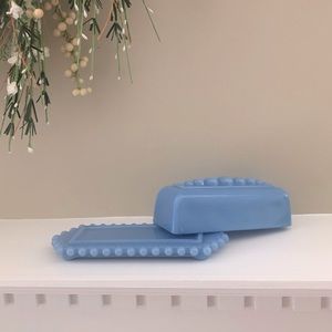 Blue Butter Dish Milk Glass 7-1/2”